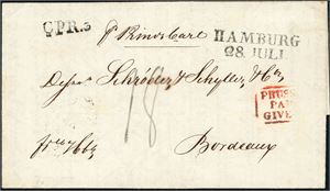Komplett brev, datert "Arendal 17. Juli 1834 og sendt til Bordeaux. Forsiden påskrevt "fr Hbg" og "pr. Prinds Carl" samt stemplet "Hamburg 28. Juli", "Preusse Par Givet" samt "CPR.3". Ankomststemplet på baksiden.