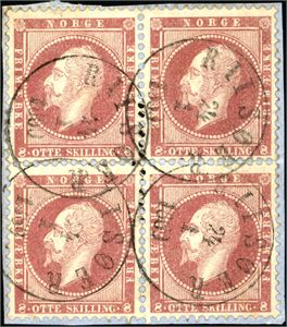 5. 8 skilling Oscar i fireblokk på lite brevstykke, stemplet "Riisøer 24.1.1860". En horisontal arkivbrett går mellom øvre og nedre par.