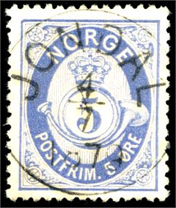 24 IIa. 5 øre skravert Posthorn, rettvend fullstemplet "Jondal 4.7.1879". Et meget velsentrert merke.