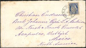 58. 20 øres porto til Mexico. 20 øre fintagget Centraltrykkeriet på konvolutt til Acapulco, stemplet "Chr.a-Bergen D 6.11.95". Ankomststemplet på baksiden. Konvolutten med noen mindre rustflekker.