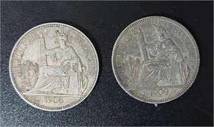 FRANSKA INDOKINA, 2 st Piastres 1905 resp. 1909. Cirkulerade med fin patina. 27gr/st, 0.900 silver.