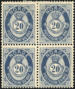 40 IIa. 20 øre blå 1883 i fireblokk. De to nederste merkene er postfriske. (56.150,-).