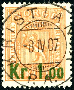 87 I. 2 kr Provisorie, rettvendt fullstemplet "Kristiania 8.4.07".