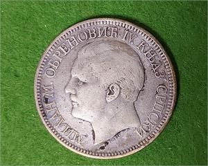 SERBIA Milan I Obrenović 5 Dinarer 1879 25gr, 0.900 silver. (Kv. 1)