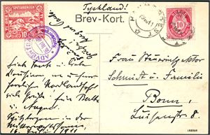 100,Spitsbergen E 8. 10 øre Posthorn on postcard, cancelled "Hammerfest 19.8.11". A red 10 øre Svalbard-label at side, with private "Advent Bay Spitzbergen 16. Juil 1911" and sent to Germany.
