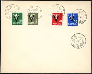 269,279,281,282. 10 øre-, 15 øre-, 15 øre- og 30 øre V på uadressert konvolutt, stemplet "Oslo Elisenberg 14.8.41".