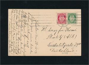 Postkort med Nk 99 og 100 stemplet "KRISTIANIA 3.1.10" til Neustrelitz, Tyskland. Foto begge sider