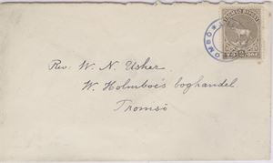 Tromsø Bypost nr. 4.  2 øre gråbrun på konvolutt adressert til Usher, annulert med 2-rings stempel "Tromsø Bypost" uten dato.