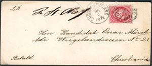 18. 3 skillning Posthorn på konvolutt, stemplet "Christianssand 26.8.1872" og sendt til Christiania. Påskrevet "Pr, St. Olaf" med helt annen skrift i øvre kant. Attest og signert FCM på baksiden.