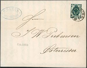 Russia. 2 kopek green on a complete printed matter from St. Petersburg to Østerrisøer, Norway, cancelled "Stockholm 5.8.1884". Superb.