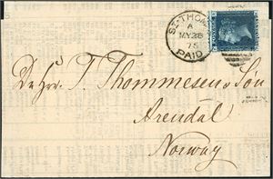 D.W.I. SG 45. British 2 d blue on complete printed matter, cancelled "St.Thomas My 28 42 Paid" and sent to Arendal, Norway.