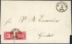 18. 3 skilling Posthorn i vertikalt par på dobbeltvektig brev, pent stemplet "Borøen 18.10.1874".