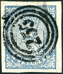 1. 4 skilling våpen 1855, anert med nummerstempel "255" (Sandtorvholm, TR, 7 pkt). Gode- til normale marger.