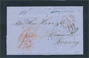 Brev datert "QUEENSTOWN 20 JUN 1854" (Irland) til Drammen. Mange stempler og påtegninger