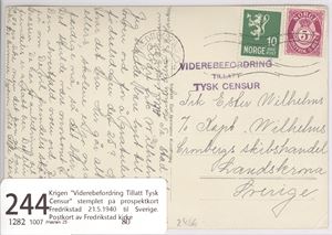 Krigen "Viderebefordring Tillatt Tysk Censur" stemplet på prospektkort Fredrikstad 21.5.1940 til Sverige.  Postkort av Fredrikstad kirke