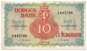 10 kroner 1944 Z.443786. London Utg. Kv.1/1+