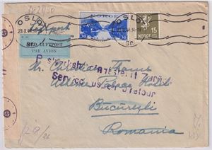 NK 219 +, Luftpostbrev 45øre  til Romania st. Oslo 23-8-44, sensurert og påstemplet "Postverkhehr eingestell zurück!"