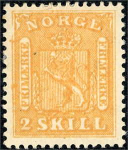 6. 2 skilling 1863. Fargefriskt merke, med stor del av lim. (5.300,-).
