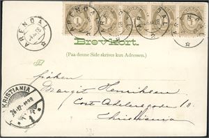 65. 1 øre grovtagget Knudsen i 5-stripe på postkort,stemplet "Arendal 24.12.98". Ankomststemplet "Kristiania Tur 1 26.12.1898".