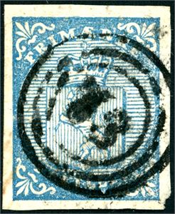 1. 4 skilling våpen 1855, annullert med nummerstempel "73" (Folden, NO, 10 pkt). Normale marger.