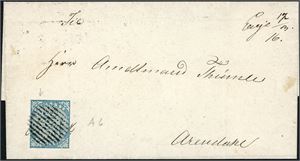 1. 4 skilling Våpen 1855 på brevomslag, anert med riststempel, og ved siden håndskrevet "Evje 12/3". Merket med en meget smal marg, og de andre tangerende.