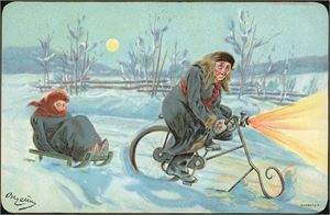Oscar Lærum. Mann og dame på sykkel og kjelke. Overrekkelseskort brukt i 1899. K-1
