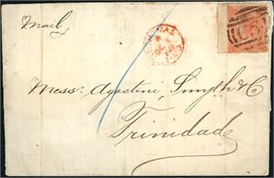Z 10 (95). DWI. 4d orange (pl.9) with wide margin at left on entire to Trinidad, cancelled "C 51" and "St-Thomas A Oc 1 68 Paid" at side. At reverse arrival postmark "Trinidad Oc 5 1868". The stamps with minor faults, and a vertical crease goes through the left margin. The plaps around the letter are many places splited from the front, but still nice looking.