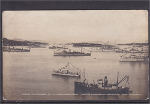 Engelske Minesveipere (flåtemotiv ) Leirvik havn på Stord (Ho)  UB småf.  utgitt av S.Kannlønning