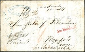 Ufrankert brev, datert "Riga 26 mai 1857", og sendt til Rægefjord, Norge, påskrevet "via Hamb pr Dampskib" og linjestempel "Aus Russland" i rødt på forsiden. Baksiden stemplet "Riga", "Köningsberg-Marienburg", to stempler fra "Hamburg", "Christiania" og "Christianssand 20.6.1857".