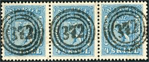 8. 4 skill i horisontal 3-stripe, hvert merke pent anert med 3-rings "372" (Lyngøer, AA, 7 pkt).