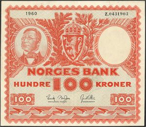 100 kroner 1960, serie Z.0431903. Erstatningsseddel. 1