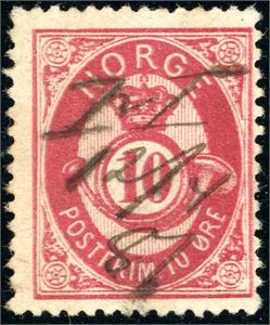 25. 10 øre skravert Posthorn, med håndskrevet skipsanering "H 12/4 81" (Kong Harald Haarfager på Randsfjorden).