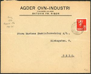 145. 20 øre Løve II på konvolutt, anert med 4-rings "432" (Bosvik, Søndeled, AA).