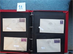 USA - FDC Postens røde perm med kassett med en del FDC, flest 30 - 40-tallet. Medfølger noen brev