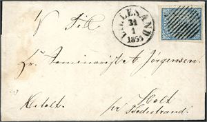 1. 4 skilling våpen 1855 på komplett lite brev, anert med riststempel og ved siden stemplet "Lillesand 31.1.1855" (Januarbrev). Merket med marger på alle sider.