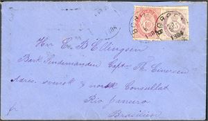 28,43. 35 øres porto til Brasil. 25 øre skravert Posthorn og en 10 øre 21 mm på konvolutt til Rio de Janeiro, stemplet "Borøen 26.8.1884".  To ulike ankomststempler på baksiden.