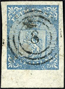 1. 4 skilling Våpen 1855, annullert med nummerstempel "8" (Aasnæs, HE, 7 pkt). Del av arkrand nede, de øvrige tre margene er gode.