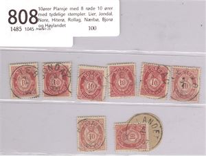 10ører Plansje med 8 røde 10 ører med tydelige stempler. Lier, Jondal, Nore, Hiterø, Rollag, Nærbø, Bjorø og Høylandet