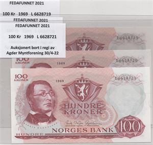 100 kroner 1969 L.6628719-21 i serie. Kv.0
