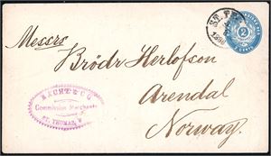 Two 2 cents stationary envelopes (FK 1B, R iB and E 1 A), both cancelled "St. Thomas" and sent to Norway from in 1886 and 1893.