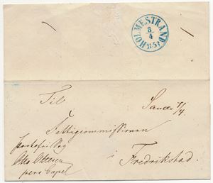 Håndskrevet Sande 7/4 (VF) på portofritt brevomslag til Fr.stad, transittstemplet blått Holmestrand 8/4 1853.