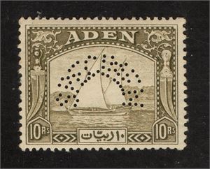 ADEN 1937 Mi 12 Sp. 10 rupee olivgrön med specimen perfin. (Mi för ** € 650)