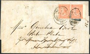 DWI. 2/- blue on letter, cancelled duplex "Liverpool , 66" and sent to St. Thomas in 1875. On St. Thomas, the letter has been franked with two 4d orange (pl 14) and cancelled "St. Thomkas A Fe 3 75 Paid" and sent to porto Plata in the Dominican Republic. "St. Thomas A Fe 3 75" at reverse. Ex. K. Klugman.