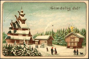 Eldre overrekkeseskort, med motiv fra Folkemuseet på Bygdøy. En litt stor hjørnebrekk. K-3