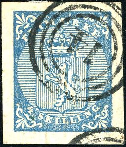 1. 4 skilling våpen 1855 variant "Dobbeltfot" (D 40), anert med nummerstempel "14" (Arendal, AA). Gode marger. Attest Enger.