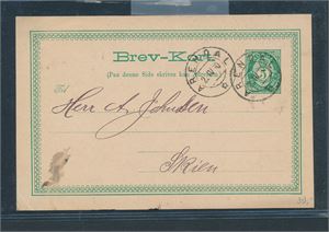 5øre brevkort stemplet "ARENDAL 22 IV 1890" til Skien