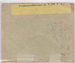 Sensur.  Brev st. NAVAREN 20-IV-40 (Tr, 6 pkt) påført Gul remse  "Postkontrollkontor nr. 8 (M.P.K) Liten rift nede på konvolutten.