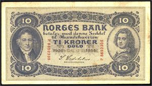 10 kroner 1930, serie P.5652335 Pen seddel, men med en del bretter. 1/1+