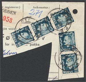 Hjelpestempel NOTODDEN P.P. (TE) HJ-IIA 19-12-52 på stort følgebrevklipp med 5x NK 402. Ikke reg. hos Aspaker.