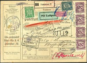 343,344,363. German packetsletter franked with total 7 Mk 85pf, cancelled "Frankenhal 23 Nov 26" and sent with Air Mail to Oslo. A vertical crease, but still decorative.